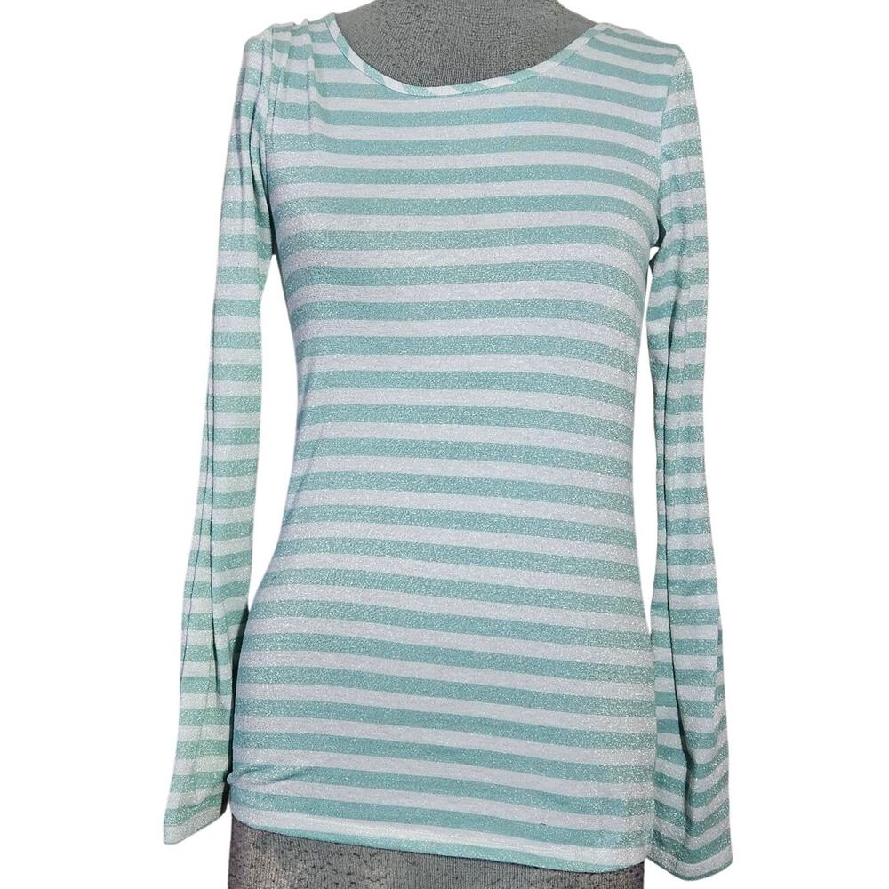 Green Striped Metallic Knit Top Size Medium